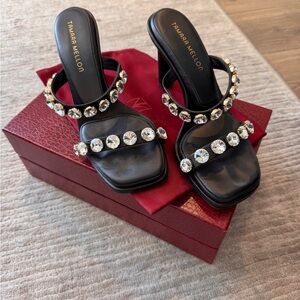 Tamara Mellon Black Crystal-Trim Slide Heels